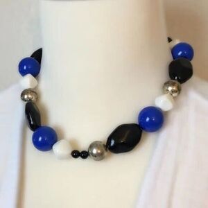 Statement Necklace Blue Black White Plastic Beads 18in Choker Maximalism